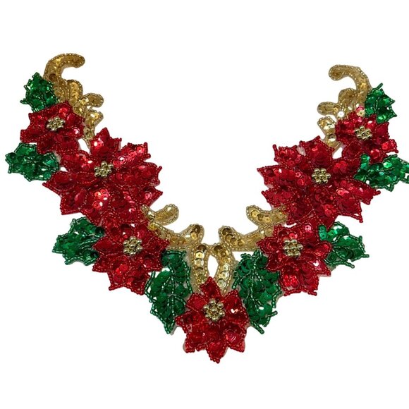 Handmade Sequin Magic Poinsettia Collar and Heart Note, Stars and Leaf Gold Red - Picture 1 of 12